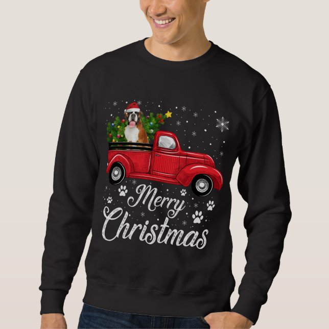 Red Truck Merry Christmas Tree boxer Dog Christmas Sweatshirt (Front)