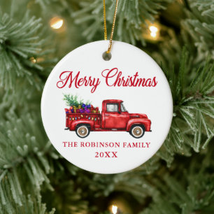 Red Truck Merry Christmas Tree Gifts Name Year Ceramic Ornament