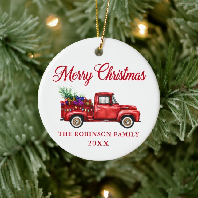 Red Truck Merry Christmas Tree Gifts Name Year Ceramic Ornament (Tree)