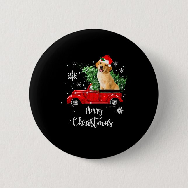 Red Truck Merry Christmas Tree Golden Retriever Ch 6 Cm Round Badge (Front)