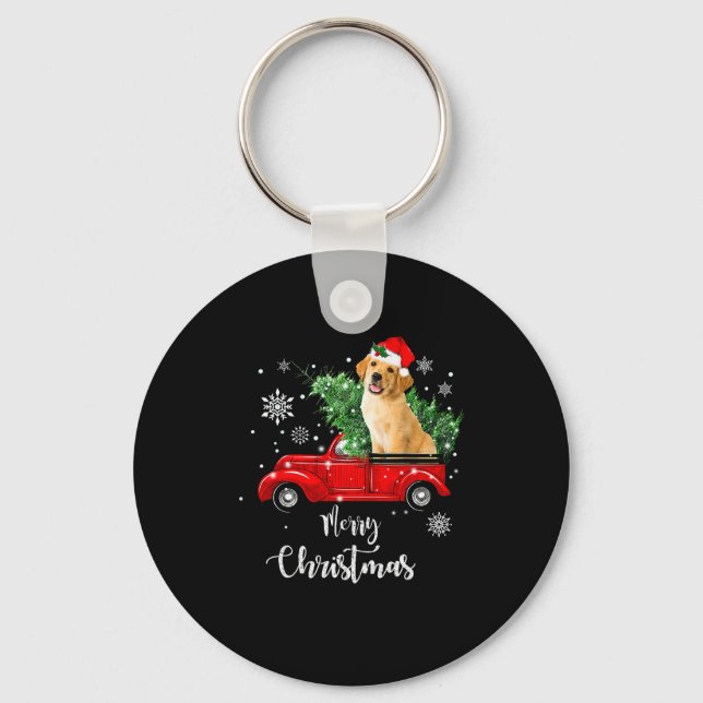 Red Truck Merry Christmas Tree Golden Retriever Ch Key Ring (Front)