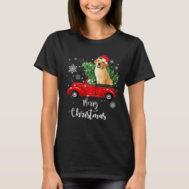 Red Truck Merry Christmas Tree Golden Retriever Ch T-Shirt (Front)