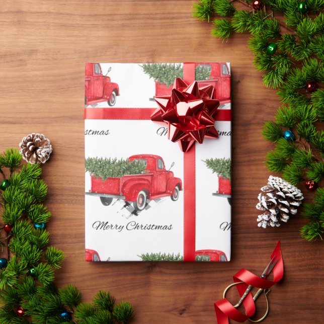 Red Truck Merry Christmas Tree Holiday Xmas Wrapping Paper (Holiday Gift)