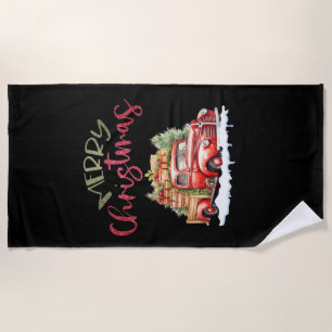 Red Truck Merry Christmas Tree Santa Cute Vintage Beach Towel