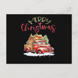 Red Truck Merry Christmas Tree Santa Cute Vintage Holiday Postcard