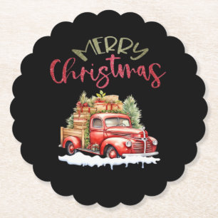 Red Truck Merry Christmas Tree Santa Cute Vintage Paper Coaster