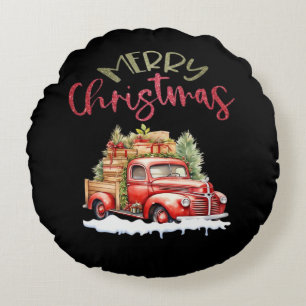 Red Truck Merry Christmas Tree Santa Cute Vintage Round Cushion