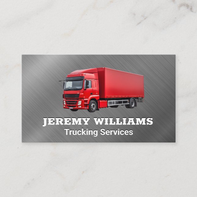 Red Truck | Metallic Brushed Background Business Card (Front)