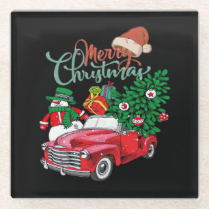 Red Truck Pickup Christmas Tree Merry Christmas Sn Glass Coaster