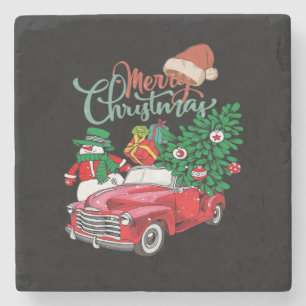 Red Truck Pickup Christmas Tree Merry Christmas Sn Stone Coaster