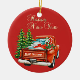 Red Truck Pine Tree Christmas Ceramic Ornament