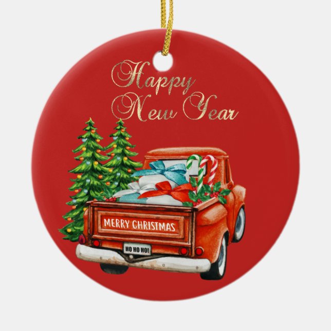 Red Truck Pine Tree Christmas Ceramic Ornament (Front)