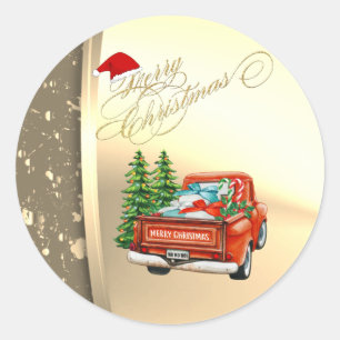 Red Truck Pine Tree Christmas Faux Gold Classic Round Sticker