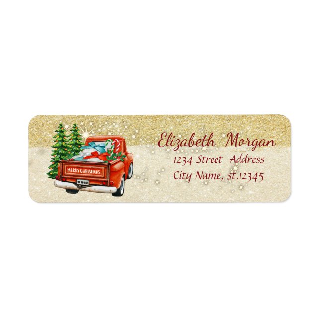 Red Truck Pine Tree Christmas ,Glittery Return Address Label (Front)