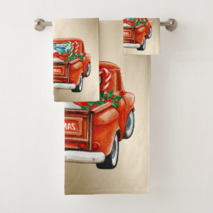 Red Truck Pine Tree Christmas ,Snowflakes Bath Towel Set