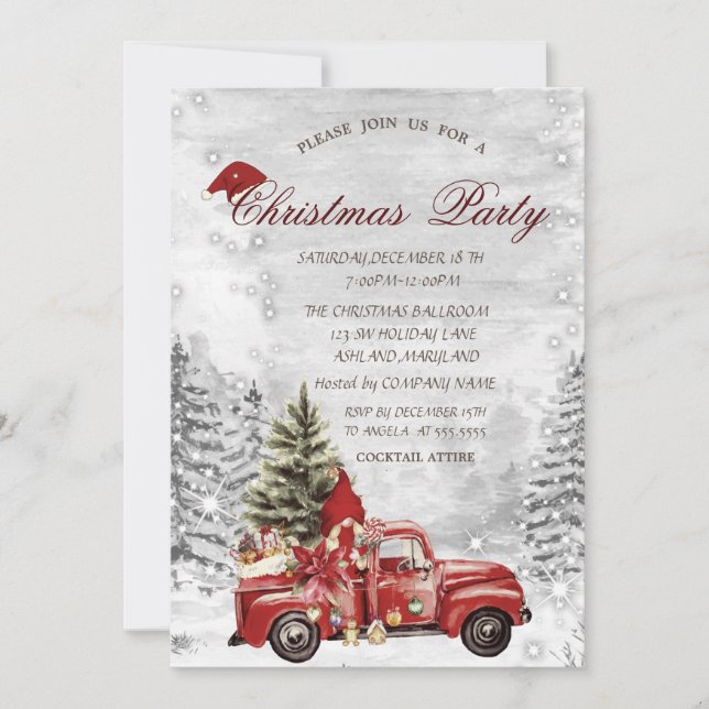 Red Truck Pine Tree Gnome Snow Forest Christmas Invitation (Front)