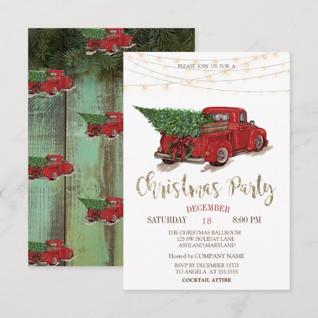 Red Truck Pine Tree,Lights Wood Christmas Party Invitation (Front/Back)
