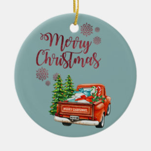 Red Truck Pine Tree Merry Christmas Ceramic Ornament