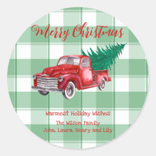 Red Truck Pine Tree Merry Christmas Green Gingham Classic Round Sticker