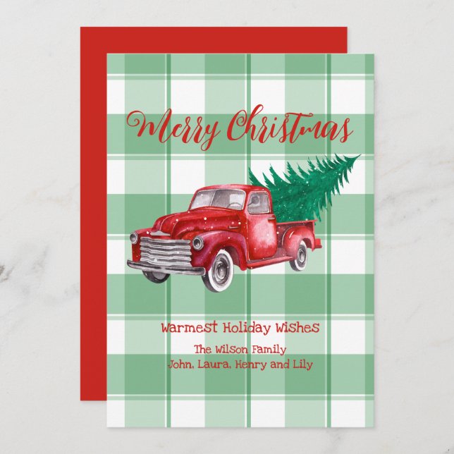 Red Truck Pine Tree Merry Christmas Green Gingham Holiday Card (Front/Back)