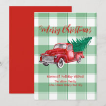 Red Truck Pine Tree Merry Christmas Green Gingham