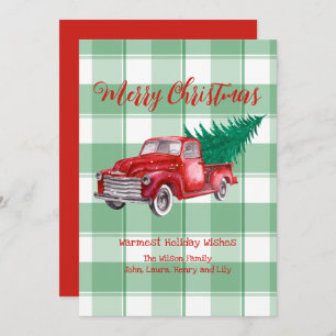 Red Truck Pine Tree Merry Christmas Green Gingham Holiday Card