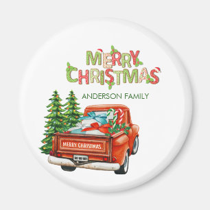 Red Truck Pine Tree Merry Christmas Magnet
