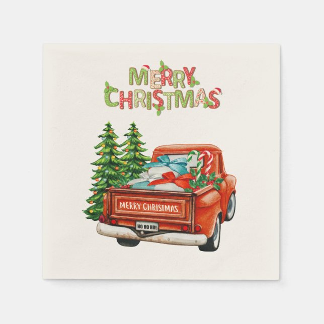 Red Truck Pine Tree Merry Christmas Napkin (Front)