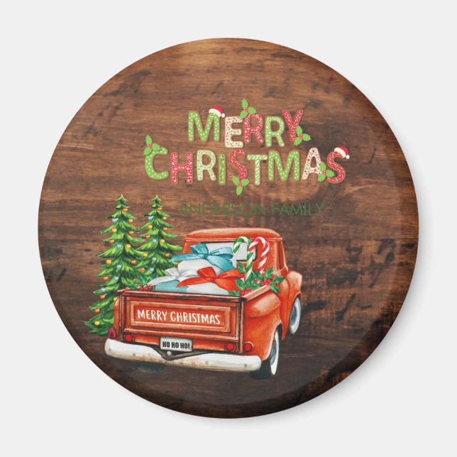 Red Truck Pine Tree Merry Christmas Wood Magnet (Front)