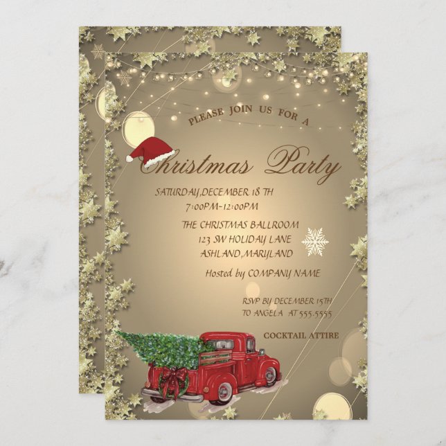 Red Truck Pine Tree,Santa Hat Christmas Party Invitation (Front/Back)