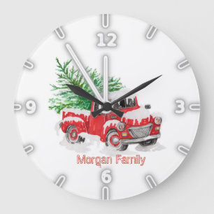 Red Truck Pine Tree Snow Christmas Large Clock