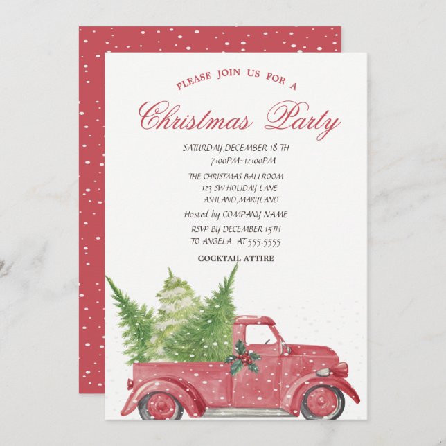 Red Truck Pine Tree Snow Christmas Party Invitation (Front/Back)