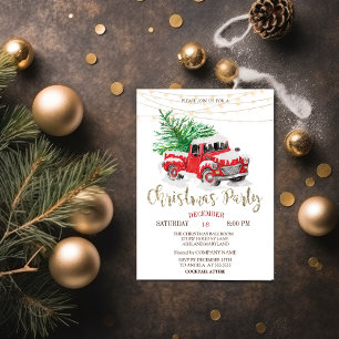 Red Truck Pine Tree Snow,Lights Christmas Party  Invitation