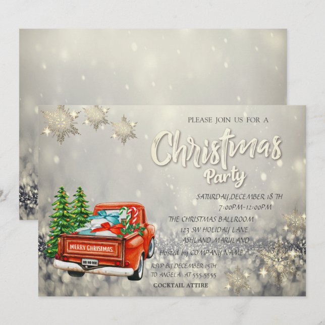 Red Truck Pine Trees Bokeh Snowflakes Christmas Invitation (Front/Back)
