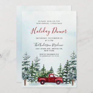 Red Truck Pine Trees Christmas Holiday Dinner Invitation