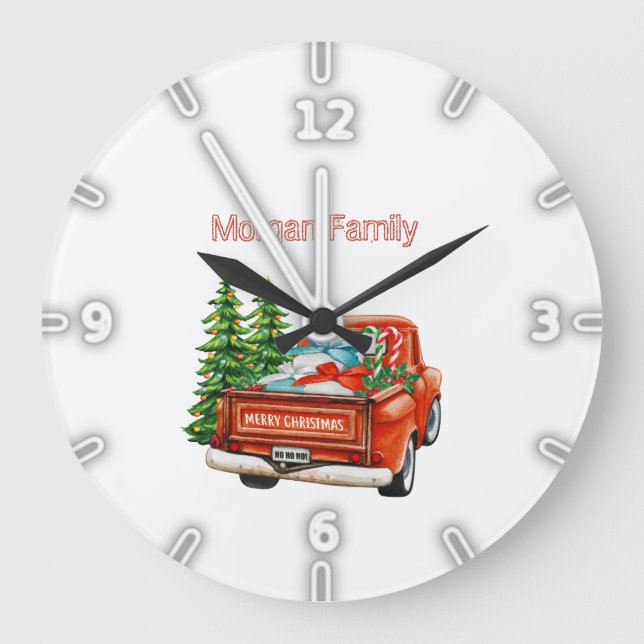 Red Truck Pine Trees Christmas Large Clock (Front)
