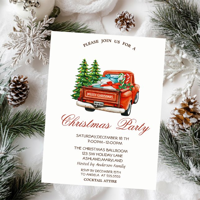 Red Truck Pine Trees Christmas Party Invitation (Creator Uploaded)