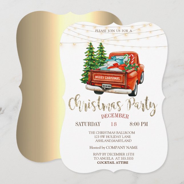 Red Truck Pine Trees,Lights Gold Christmas Party Invitation (Front/Back)