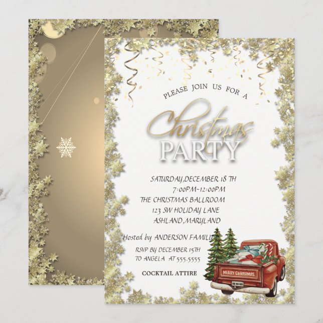 Red Truck Pine TreeS,Stars Christmas Party Invitation (Front/Back)