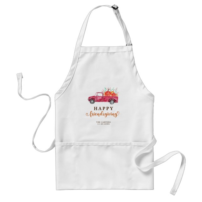 Red Truck Pumpkin Friendsgiving Fall Script Cute Standard Apron (Front)