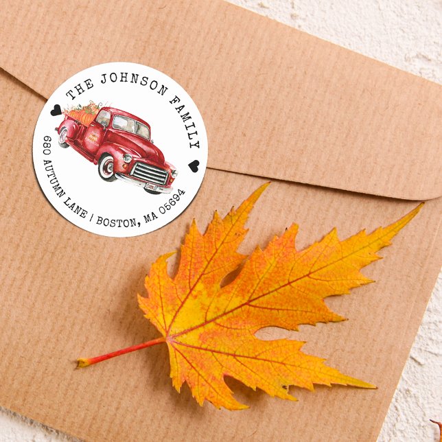 Red Truck Pumpkins Return Address Classic Round Sticker (Red Truck Pumpkins Return Address Classic Round Sticker)
