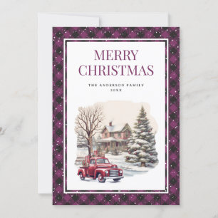 Red Truck Purple Buffalo Plaid Merry Christmas Holiday Card