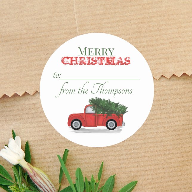 Red Truck Rustic Christmas Tree To From Cute Class Classic Round Sticker (Merry Christmas Rustic red truck watercolor to and from gift sticker. )