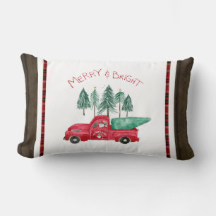 Red Truck Rustic Merry Bright Plaid Gnome Farm Lumbar Cushion