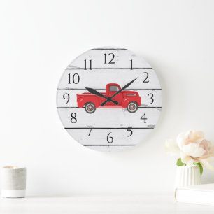 Red Truck Rustic Shiplap Large Clock