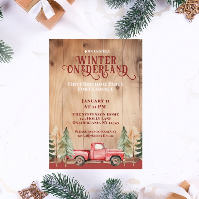Red Truck Rustic Winter Onederland Birthday Invitation (Creator Uploaded)