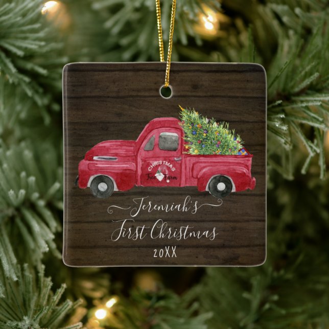 Red Truck Rustic Wood Baby Christmas Tree Photo Ceramic Ornament (Tree)