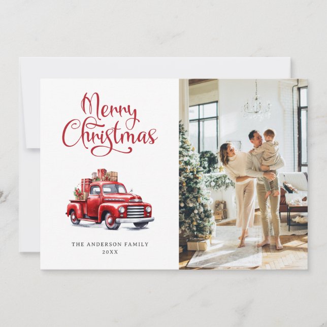 Red Truck Snowflakes Photo Merry Christmas Card (Front)