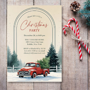 Red Truck Snowy Pine Trees Rustic Christmas Party Invitation