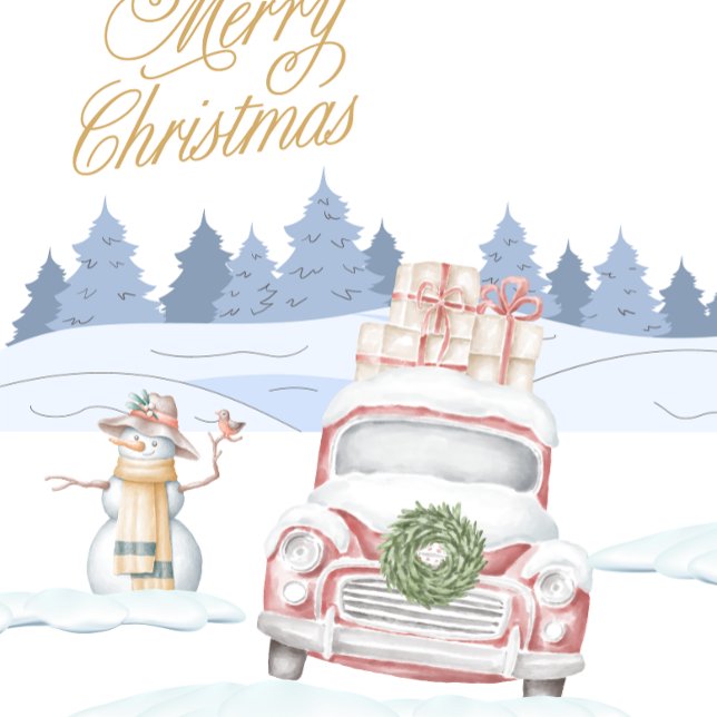 Red Truck Stuck in Snow Snowman Trees Thank You Card (Christmas card)